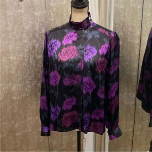 Krizia Floral Black and Purple Women's  100% silk Top, M